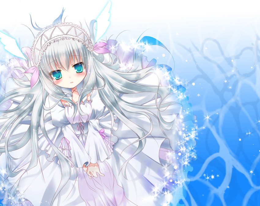 11eyes bad_id bad_pixiv_id blue_eyes blush dress female hairband headdress highres inose_riku lisette_vertorre lolita_hairband long_hair looking_at_viewer parted_lips photoshop_(medium) solo sparkle very_long_hair white_hair