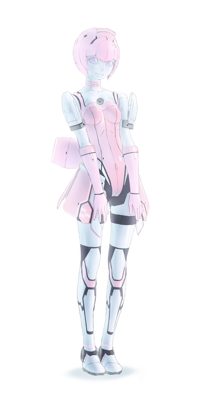 android bad_id bad_pixiv_id bow choker commentary_request elbow_gloves elenor_camuel female gloves highres light_smile maid_headdress no_pupils pale_skin partial_commentary phantasy_star phantasy_star_online photoshop_(medium) pikoroo pink_hair puffy_sleeves purple_eyes short_hair simple_background skirt solo standing white_background