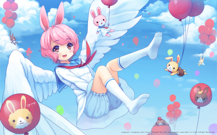 :3 :d animal_ears balloon bloomers blush feathered_wings female flying highres open_mouth original photoshop_(medium) pink_eyes rabbit rabbit_ears red_eyes short_hair smile socks solid_circle_eyes solo translated underwear watermark web_address white_wings wings xiangtu