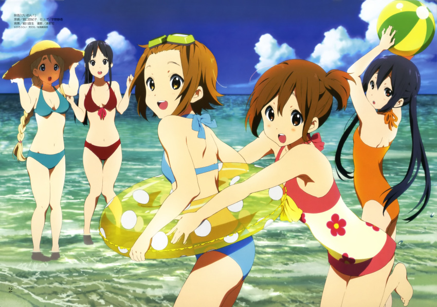 5girls :d :o absurdres akiyama_mio alternate_hairstyle aqua_bikini ball barefoot beachball bikini blue_bikini braid breasts casual_one-piece_swimsuit cleavage cloud day flat_chest floral_print front-tie_top goggles goggles_on_head halterneck hands_on_headwear hat highres hirasawa_yui horiguchi_yukiko innertube k-on! k-on!_movie kotobuki_tsumugi long_hair medium_breasts megami_magazine multiple_girls nakano_azusa navel official_art one-piece_swimsuit open_mouth orange_one-piece_swimsuit outdoors polka_dot red_bikini round_teeth scan side_ponytail sky small_breasts smile sun_hat swim_ring swimsuit tainaka_ritsu teeth toes twintails water