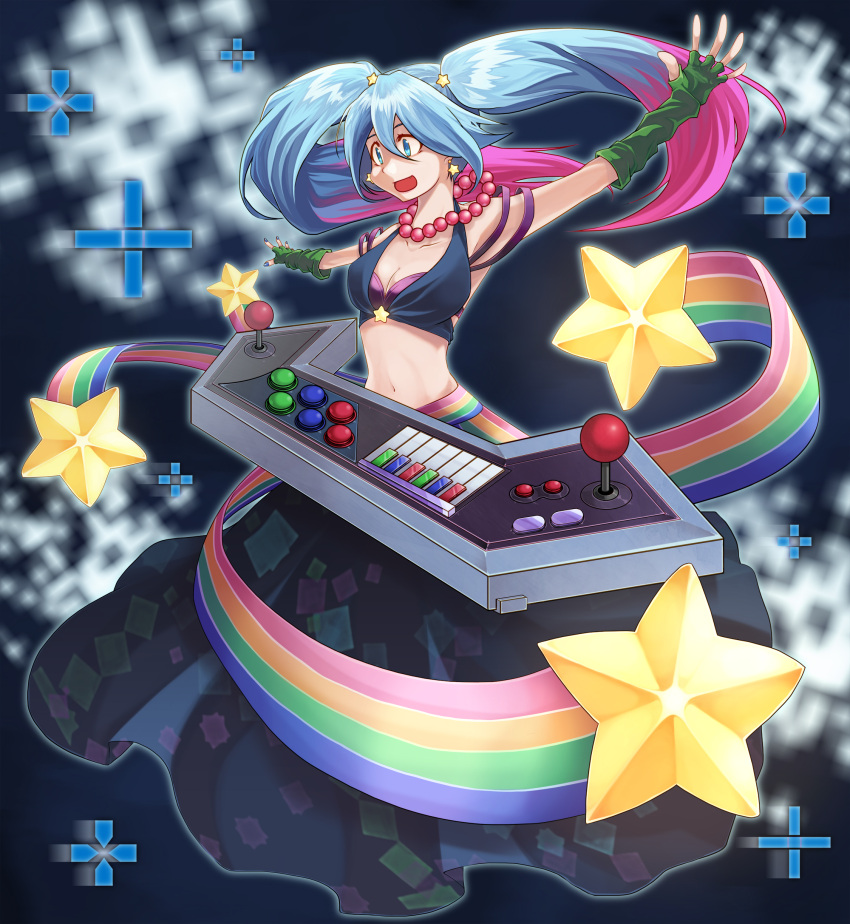 absurdres arcade_sona armpits bandeau blue_eyes blue_hair bra breasts cleavage collarbone commentary_request controller earrings etwahl female fingerless_gloves fingernails game_controller gloves gradient_hair highres instrument jewelry joystick kimsomi league_of_legends long_hair medium_breasts midriff multicolored_hair navel necklace open_mouth photoshop_(medium) pink_hair purple_bra skirt solo sona_(league_of_legends) star_(symbol) twintails underwear