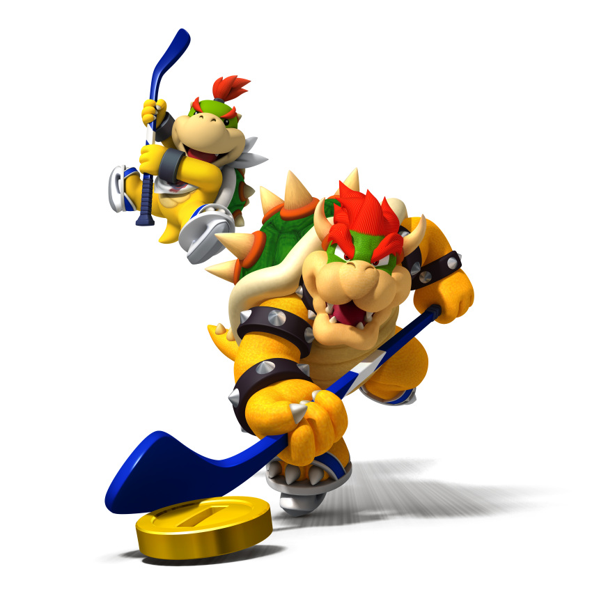 2boys absurdres bowser bowser_jr. father_and_son highres hockey koopa male male_focus mario_(series) multiple_boys nintendo shell sport sports stick super_mario_bros.