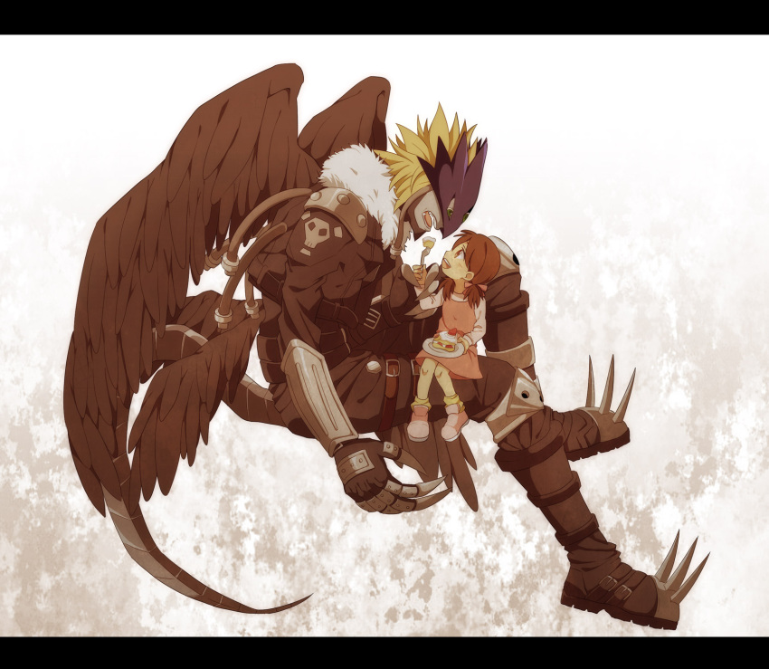 1boy ai_(digimon_tamers) beelzebumon beelzebumon_blast_mode black_wings blonde_hair bow brown_eyes brown_hair cake commentary_request daizu_(npl) digimon digimon_(creature) digimon_tamers dress feeding female food fork from_side green_eyes hairbow highres holding holding_fork holding_plate letterboxed looking_at_another looking_down looking_up mask multiple_wings open_mouth pink_dress plate profile smile spiked_hair spikes tail teeth thigh_strap third_eye twintails wings