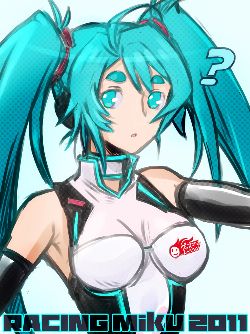 ? aqua_eyes aqua_hair breasts choker commentary_request detached_sleeves female goodsmile_racing hair_ornament hatsune_miku headphones highres leotard long_hair race_queen racing_miku racing_miku_(2011) solo twintails upper_body very_long_hair vocaloid zero_hime