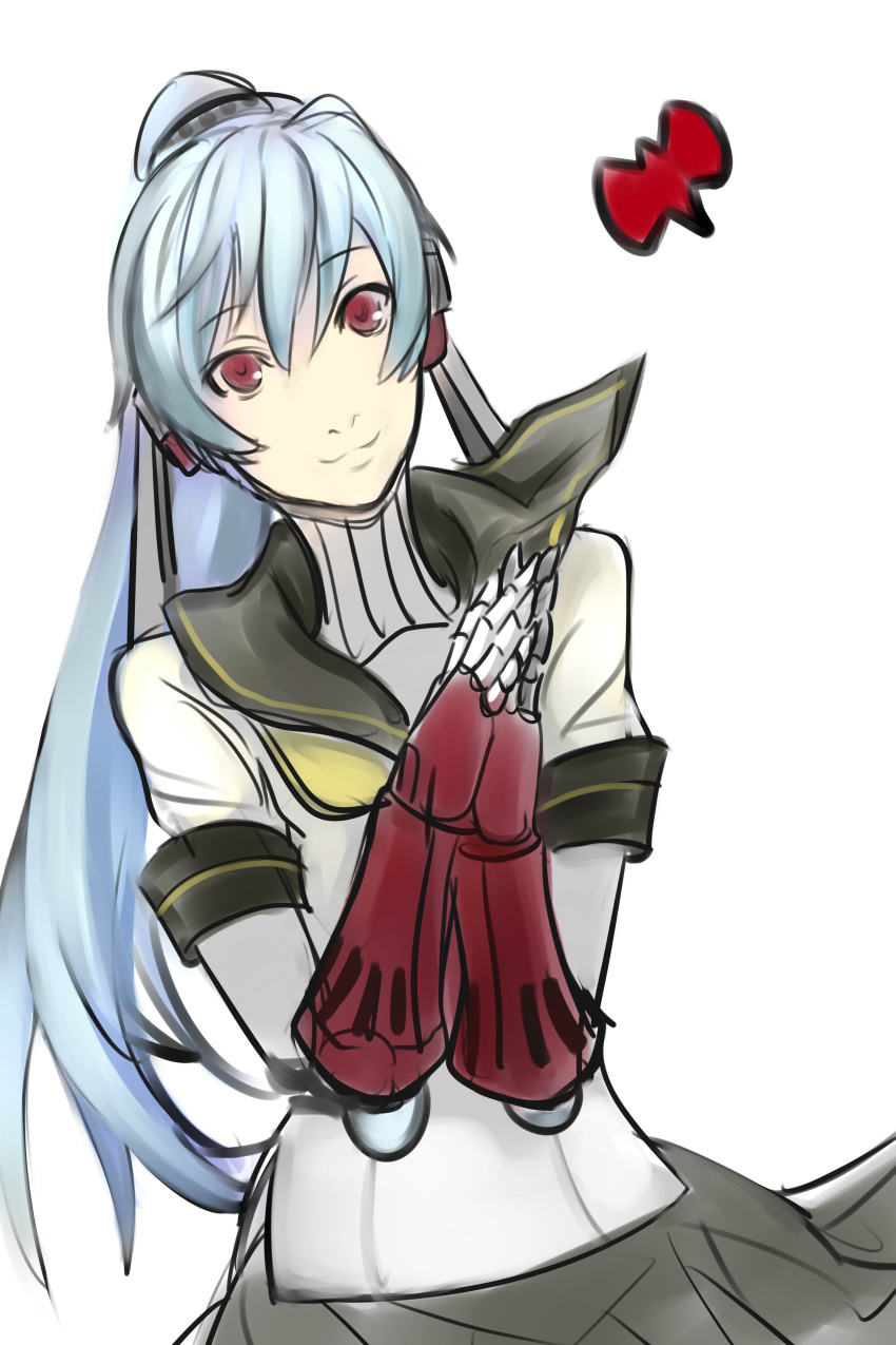 absurdres android blue_hair commentary_request early_type female headphones highres joints labrys_(persona) long_hair persona persona_4:_the_ultimate_in_mayonaka_arena ponytail red_eyes robot_joints school_uniform skirt solo