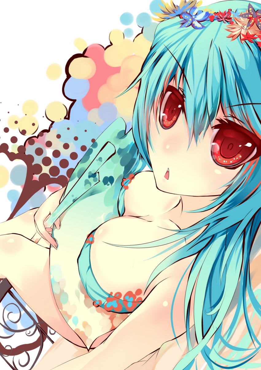 beach between_legs bikini blue_hair breasts commentary_request female flower hair_ornament hatsune_miku highres large_breasts long_hair lying on_back rain_lan red_eyes solo spring_onion summer swimsuit vocaloid