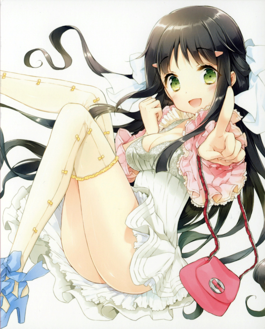 :d absurdres ass bag black_hair blue_footwear breasts cleavage cover cuteg dvd_cover female green_eyes hair_ornament hairclip handbag high_heels highres kono_naka_ni_hitori_imouto_ga_iru! long_hair looking_at_viewer medium_breasts official_art open_mouth over-kneehighs photoshop_(medium) pointing sandals scan shoes skirt smile solo thighhighs tsuruma_konoe very_long_hair white_skirt white_thighhighs