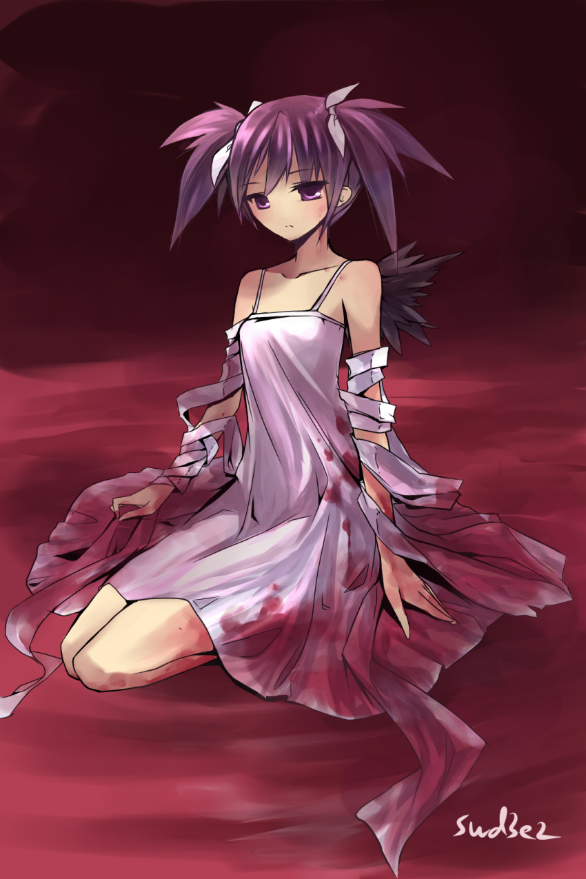 aisha_landar artist_name bad_id bad_pixiv_id bandages blood collarbone dress elsword expressionless female highres kneeling no_nose pink_background purple_eyes purple_hair short_hair solo swd3e2 twintails void_princess_(elsword) white_dress wings