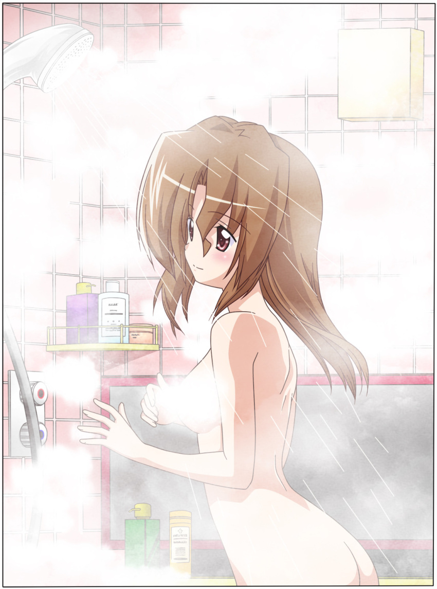 ass bath bathroom blush breasts brown_hair female fog hayate_no_gotoku! highres long_hair maria maria_(hayate_no_gotoku!) mist red_eyes shower shower_head smile