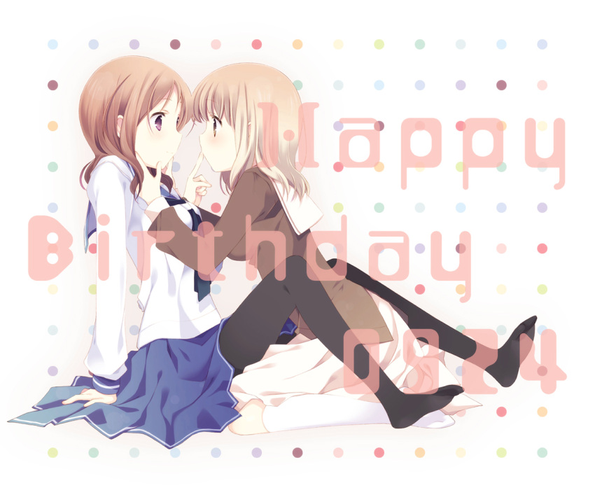 2girls bad_id bad_pixiv_id black_pantyhose blue_skirt blush brown_eyes brown_hair eye_contact finger_to_mouth fukuji_mihoko happy_birthday kazekoshi_school_uniform kiyosumi_school_uniform kneehighs looking_at_another multiple_girls neckerchief no_shoes pantyhose profile purple_eyes saki_(manga) school_uniform serafuku short_hair sitting skirt smile socks takei_hisa tokumi_yuiko wariza winter_uniform yuri