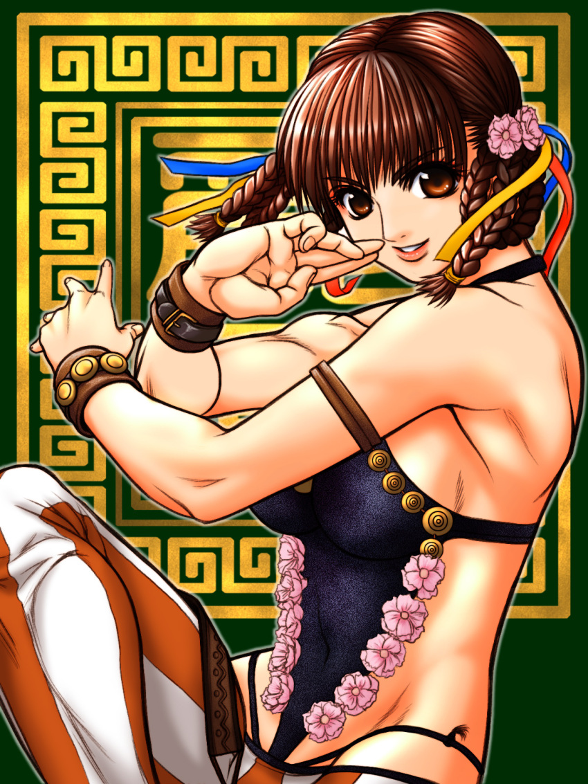 bracelet braid breasts brown_eyes brown_hair commentary_request dead_or_alive dead_or_alive_5 female fighting_stance flower groin hair_flower hair_ornament hair_ribbon highleg highleg_panties highleg_swimsuit highres jewelry large_breasts lei_fang lips lowleg lowleg_pants oogami_makoto_(artist) panties pants photoshop_(medium) ribbon sideboob solo striped_clothes striped_pants swimsuit toned twin_braids underwear