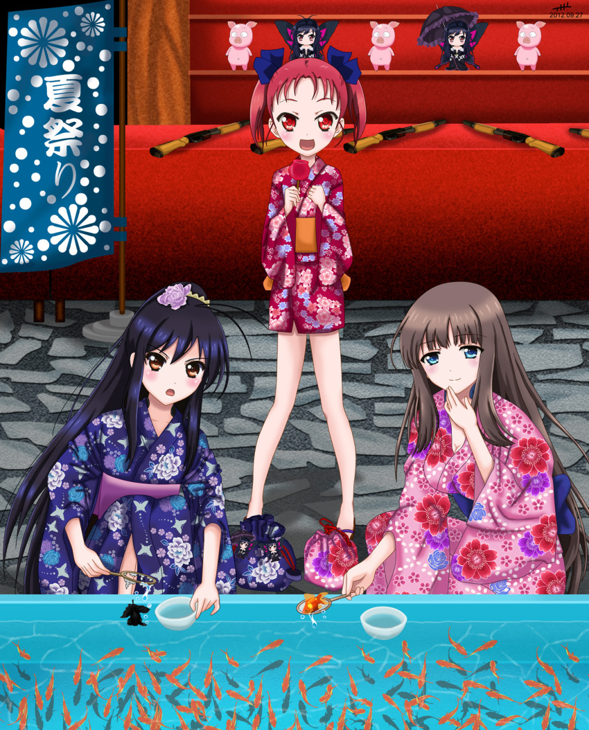 3girls accel_world banner black_hair blue_eyes brown_eyes brown_hair candy_apple character_doll commentary_request festival fish food goldfish goldfish_scooping highres japanese_clothes kouzuki_yuniko kurasaki_fuuko kuroyukihime long_hair multiple_girls nihility nobori pig poi_(goldfish_scoop) red_eyes red_hair short_hair