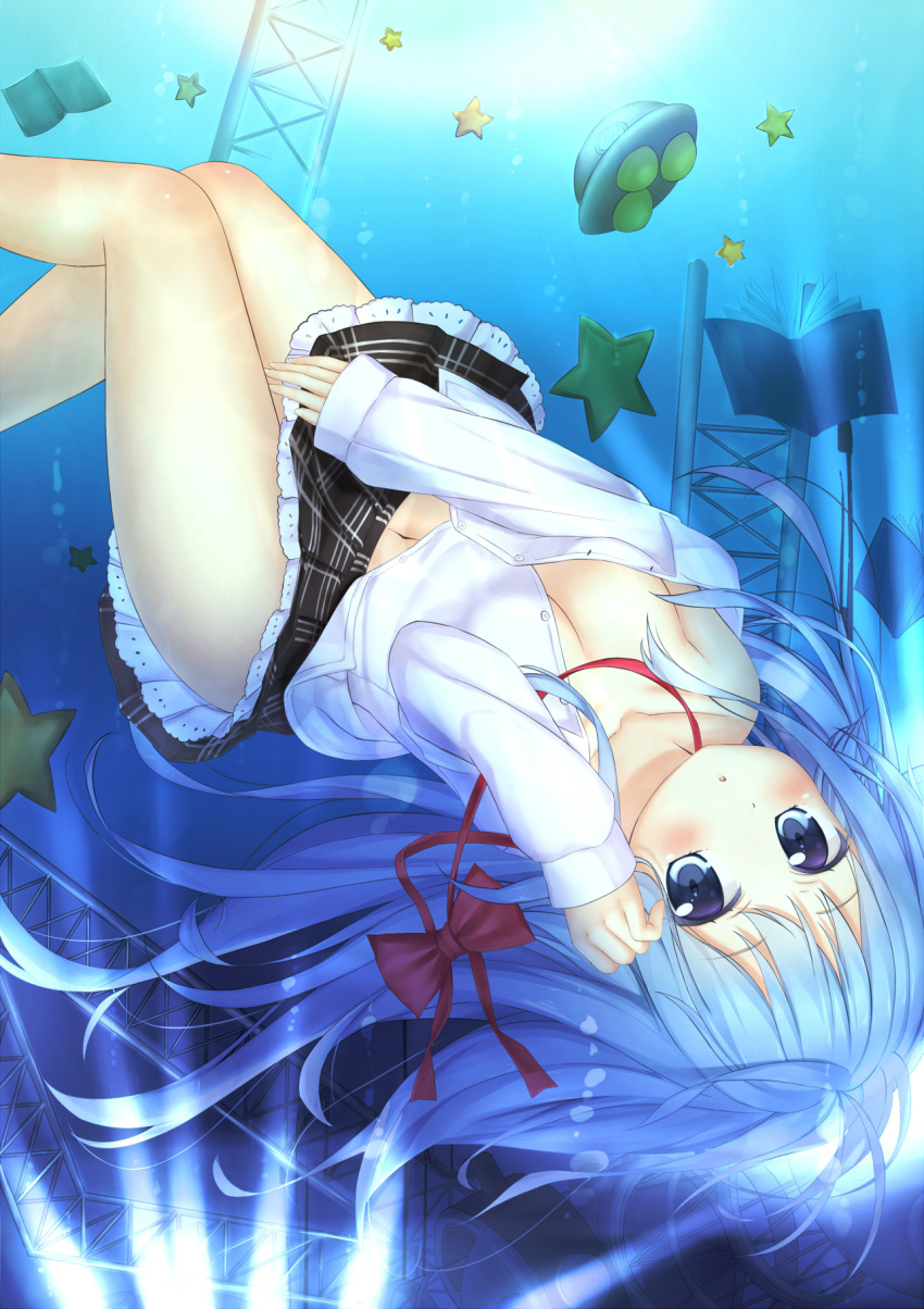 :o bad_id bad_pixiv_id blue_eyes blue_hair blush book breasts cleavage clothes_pull denpa_onna_to_seishun_otoko female hair_ribbon highres medium_breasts navel ribbon skirt skirt_pull star_(symbol) touwa_erio ufo underwater upside-down wataru_(zazazazazazawa)