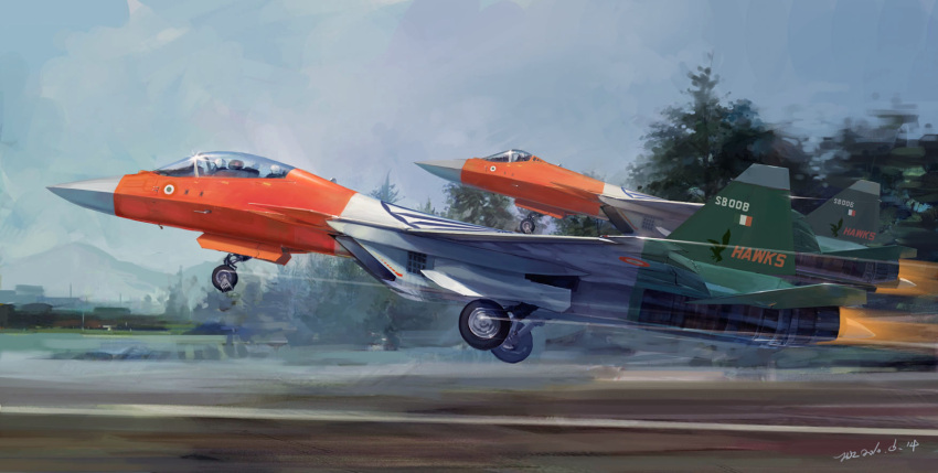 afterburner aircraft airplane building commentary_request day fighter_jet highres hjl indian_air_force jet landing_gear military military_vehicle no_humans original photoshop_(medium) realistic runway signature sky su-57 taking_off vehicle_focus