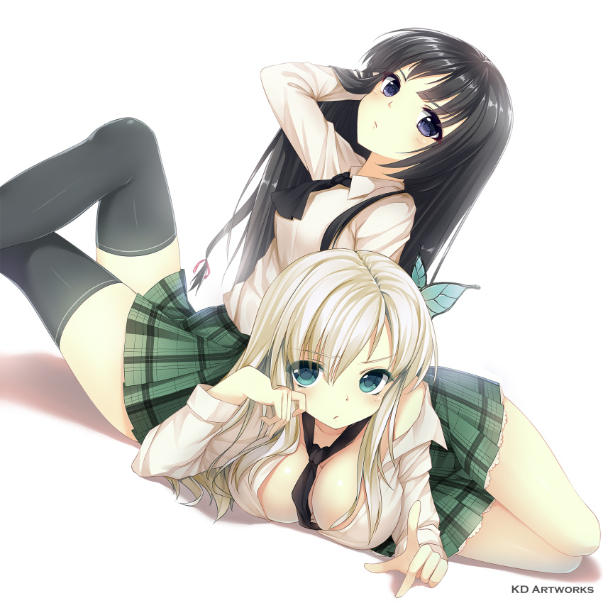 2girls arm_up black_hair black_thighhighs blue_eyes blush boku_wa_tomodachi_ga_sukunai breasts butterfly_hair_ornament caidychen cleavage commentary_request crossed_legs hair_ornament highres kashiwazaki_sena large_breasts long_hair lying mikazuki_yozora multiple_girls necktie no_bra photoshop_(medium) plaid plaid_skirt school_uniform shirt sitting skirt st._chronica_academy_school_uniform thighhighs white_hair white_shirt