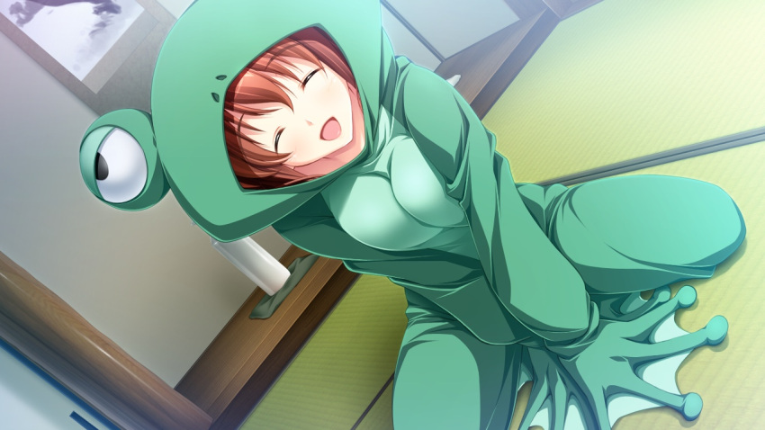 animal_costume blush brown_hair closed_eyes dutch_angle female formal frog_costume furuike_ougi game_cg hood hood_up indoors kikurage_(plastic_people) official_art photoshop_(medium) shiawase_kazoku-bu solo squatting tatami