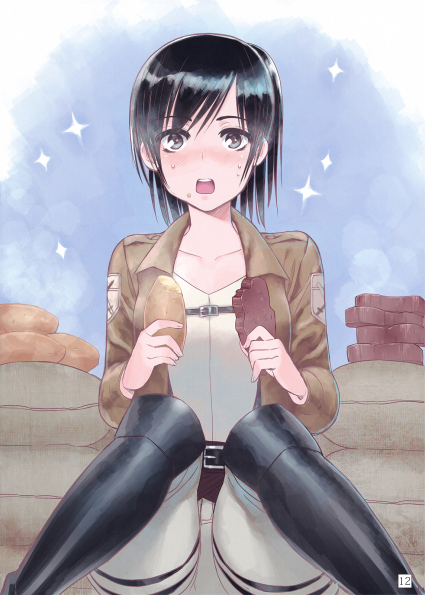 belt black_eyes black_hair blush boots collarbone emblem female food food_on_face highres holding knee_boots looking_at_viewer namaniku_atk non-web_source open_mouth paradis_military_uniform photoshop_(medium) sack sasha_blouse scan shingeki_no_kyojin short_hair sitting solo sparkle sweat thigh_strap training_corps_(emblem)