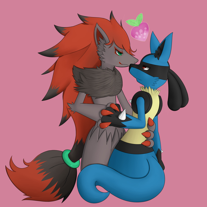 1:1 berry eye_contact food fruit generation_4_pokemon generation_5_pokemon green_eyes hand_holding looking_at_another lucario male nintendo pecha_berry plant pokemon pokemon_(species) pokemon_berry red_eyes romantic romantic_ambiance romantic_couple smile zeonart zoroark