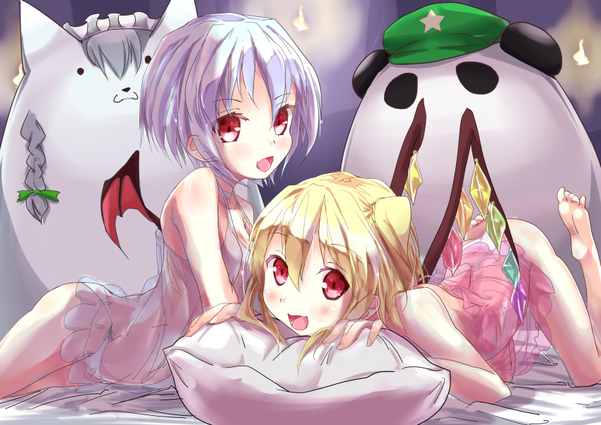 2girls absurdres all_fours alternate_costume animalization bare_legs barefoot bat_wings blonde_hair blue_hair braid commentary_request flandre_scarlet grey_hair hair_ribbon hat highres hong_meiling hong_meiling_(panda) izayoi_sakuya lights lingerie looking_at_viewer maid_headdress multiple_girls nagisa_(imizogami) negligee open_mouth panties red_eyes remilia_scarlet ribbon see-through siblings side_ponytail sisters smile star_(symbol) touhou twin_braids underwear white_panties wings