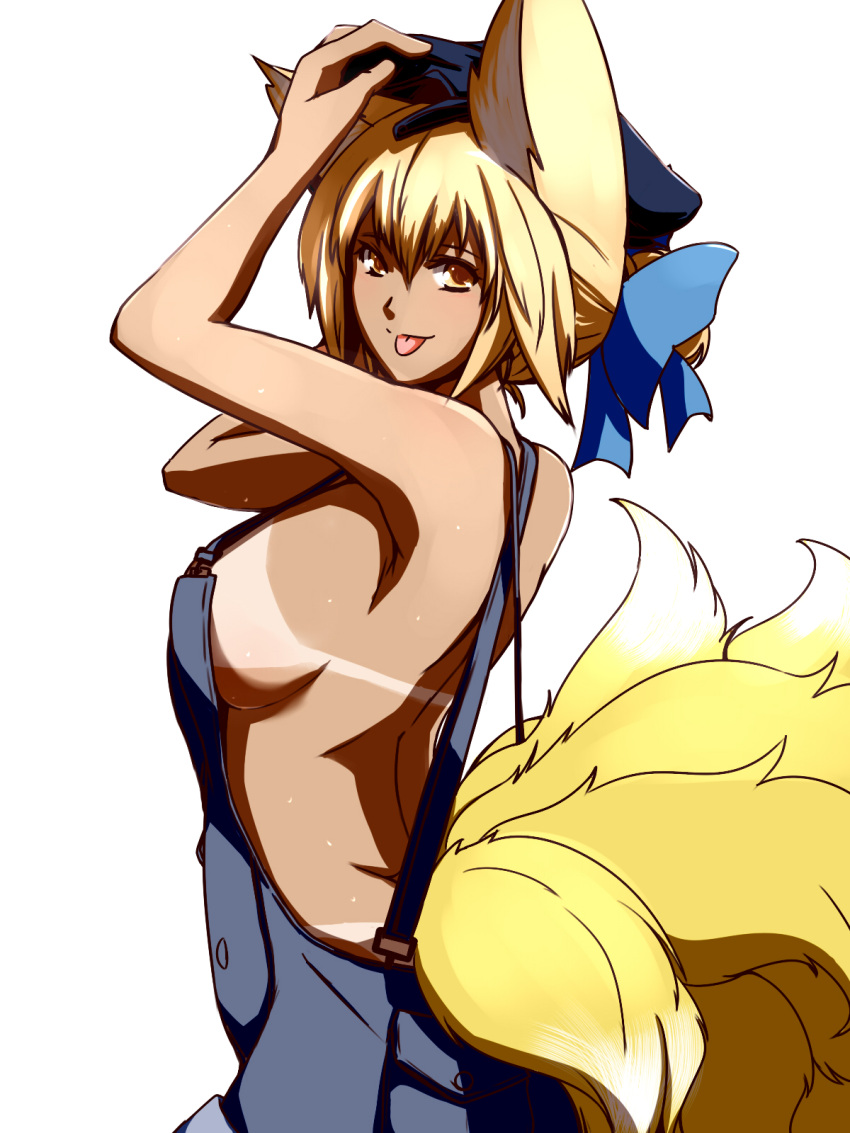 alternate_hairstyle animal_ears arms_up blonde_hair breasts commentary_request dearmybrothers female fox_ears fox_tail hair_up hand_on_headwear hat highres large_breasts looking_at_viewer multiple_tails naked_overalls no_bra no_panties overalls ponytail sideboob simple_background solo tail tan tanlines tongue tongue_out touhou white_background yakumo_ran yellow_eyes