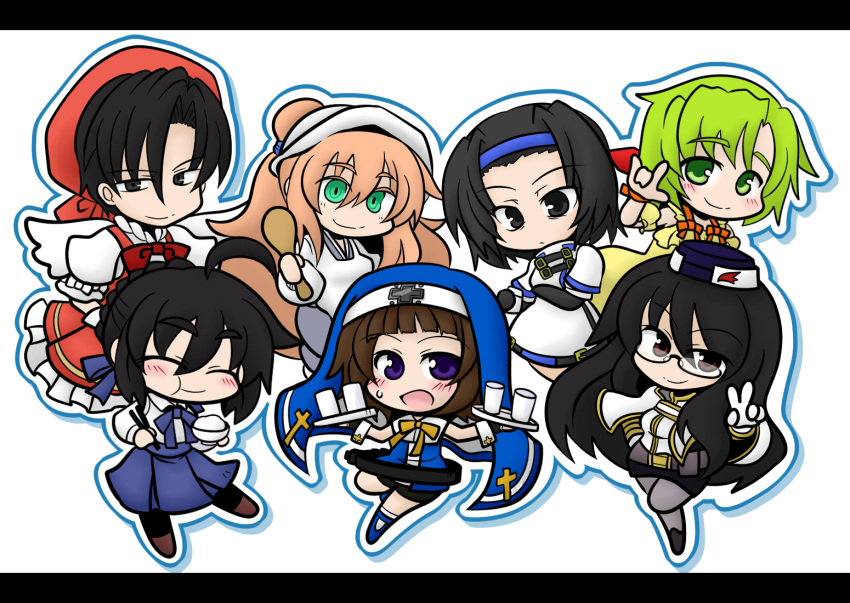 2boys 5girls :t ^_^ ahoge artoria_pendragon_(fate) black_hair blonde_hair bowl bridget bridget_(guilty_gear)_(cosplay) brown_hair cardcaptor_sakura chopsticks closed_eyes commentary_request cosplay cross crossdressing cup eating eyebrows fate/stay_night fate_(series) food green_eyes green_hair grey_eyes guilty_gear guilty_gear_xx habit hairband hat kidou_senkan_nadesico kinomoto_sakura kinomoto_sakura_(cosplay) letterboxed long_hair macross macross_frontier mikazuki_aoi misumaru_yurika misumaru_yurika_(cosplay) multiple_boys multiple_girls nun one_eye_closed oono_mayu pantyhose pink_hat pixiv_azriel purple_eyes ranka_lee ranka_lee_(cosplay) red_eyes rice rice_bowl saber_(fate) saber_(fate)_(cosplay) short_hair skirt smile tray yanagi_(nurikoboshi)