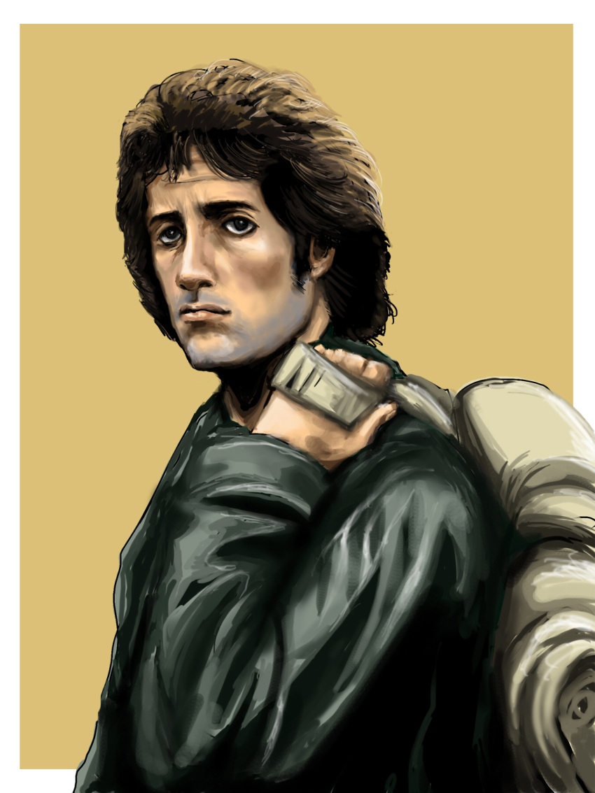 1980s_(style) 1boy bag black_hair border brown_background brown_hair commentary_request hand_up highres jacket john_rambo lips long_hair long_sleeves male_focus manly military military_uniform nantokake outside_border photoshop_(medium) rambo realistic retro_artstyle sad sideburns soldier solo sylvester_stallone uniform upper_body white_border