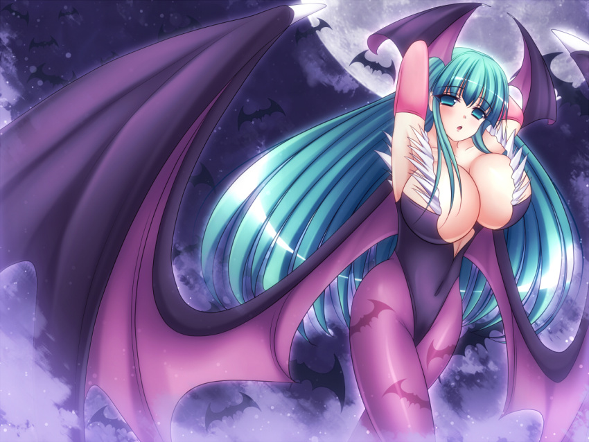 animal_print armpits arms_behind_head bad_id bad_pixiv_id bat_(animal) bat_print bat_wings blush breasts cleavage demon_girl elbow_gloves female gloves green_eyes green_hair head_wings huge_breasts large_wings leotard long_hair low_wings mikan_(5555) moon morrigan_aensland open_mouth pantyhose print_pantyhose purple_wings solo vampire_(game) very_long_hair wings