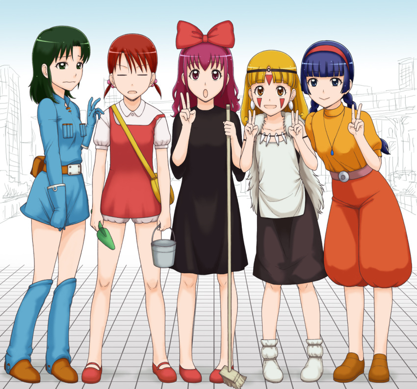 5girls annoyed aoki_reika boots braid broom brown_hair commentary_request cosplay dress dress_tug elenab facepaint hat headdress hino_akane_(smile_precure!) hoshizora_miyuki kaze_no_tani_no_nausicaa kiki_(majo_no_takkyuubin) kiki_(majo_no_takkyuubin)_(cosplay) kusakabe_mei kusakabe_mei_(cosplay) long_hair majo_no_takkyuubin midorikawa_nao mononoke_hime multiple_girls nausicaa nausicaa_(cosplay) open_mouth precure san_(mononoke_hime) san_(mononoke_hime)_(cosplay) sheeta sheeta_(cosplay) short_twintails smile smile_precure studio_ghibli tenkuu_no_shiro_laputa twin_braids twintails v yayoi_kise