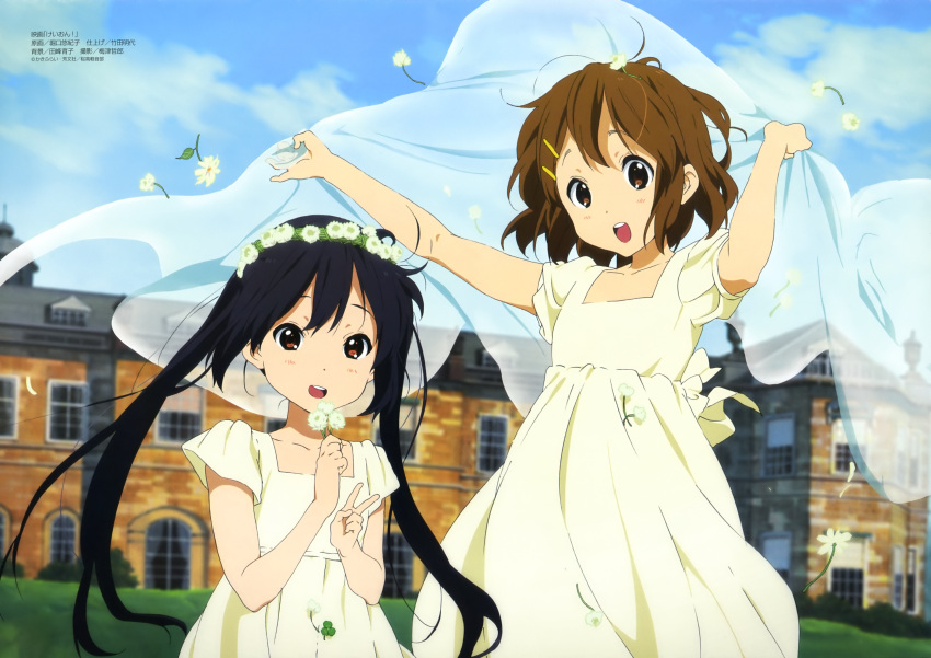 2girls absurdres black_hair brown_eyes brown_hair day hair_ornament hairclip highres hirasawa_yui horiguchi_yukiko k-on! k-on!_movie long_hair megami_magazine multiple_girls nakano_azusa official_art scan short_hair sky twintails