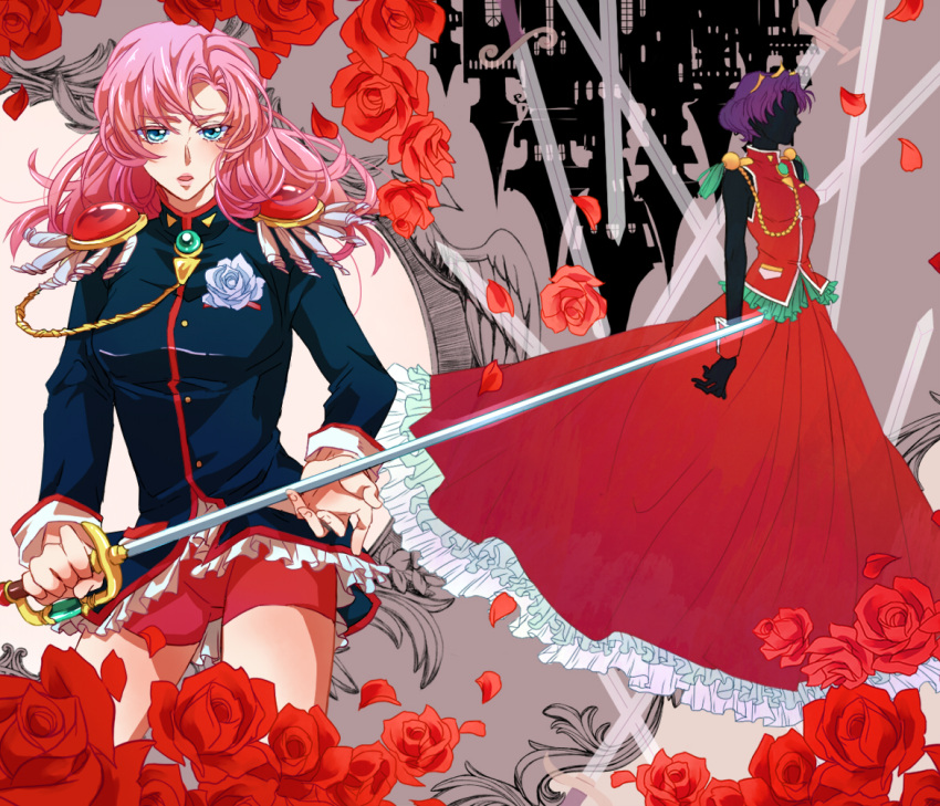 2girls aiguillette commentary dress epaulettes flower green_eyes himemiya_anthy long_hair mitui321 multiple_girls pink_hair purple_hair rose short_hair shorts shoujo_kakumei_utena sword sword_of_dios tenjou_utena weapon