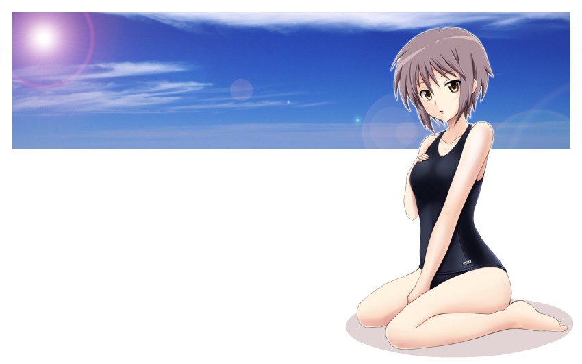 brown_eyes fuuma_nagi gray_hair nagato_yuki photoshop school_swimsuit short_hair suzumiya_haruhi_no_yuutsu swimsuit