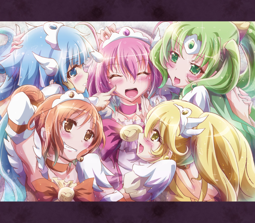 5girls aoki_reika blue_skirt bow choker commentary_request cure_beauty cure_happy cure_march cure_peace cure_sunny grin group_hug hair_flaps head_wings highres hino_akane_(smile_precure!) hoshizora_miyuki hug inoshishi_(ikatomo) letterboxed long_hair magical_girl midorikawa_nao multiple_girls open_mouth orange_choker orange_eyes orange_hair pink_bow pink_choker pink_hair ponytail precure skirt smile smile_precure wings yayoi_kise yellow_eyes yellow_skirt