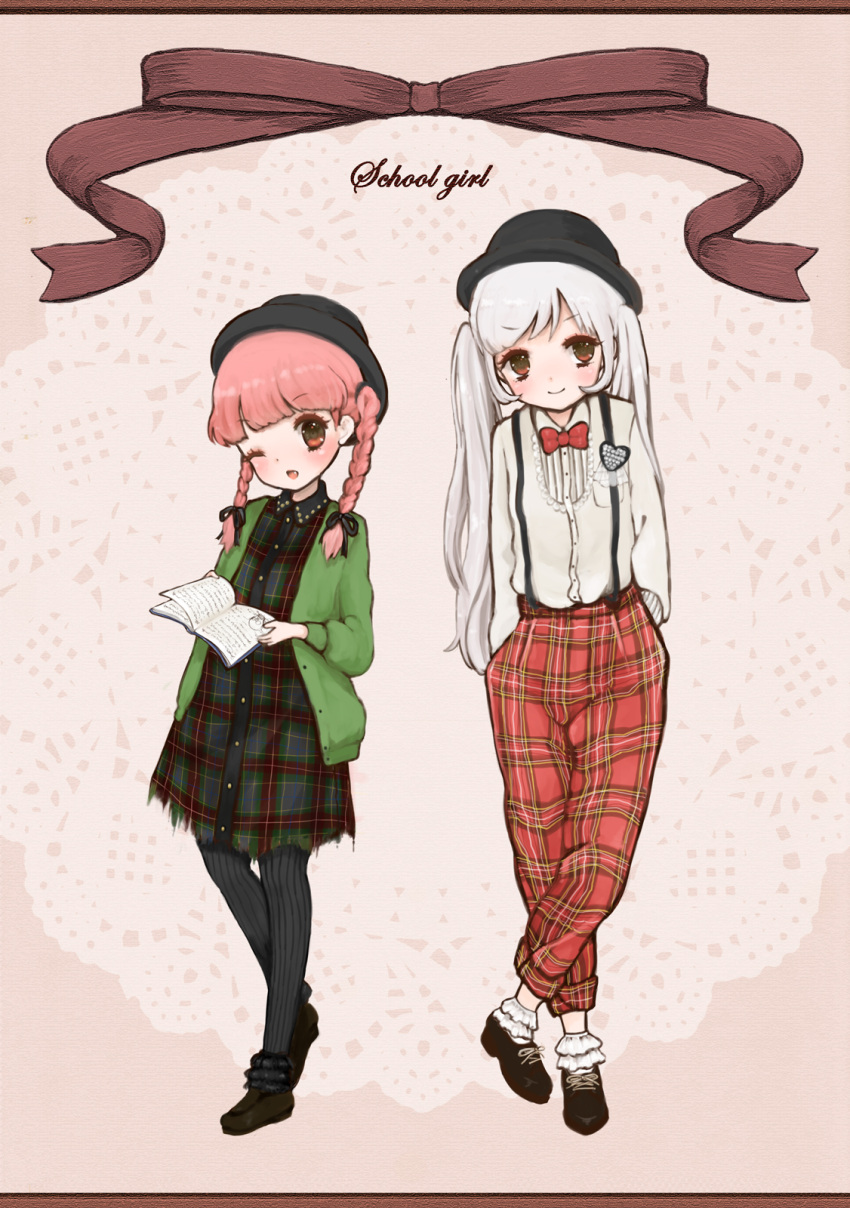 >:) 2girls alternate_costume alternate_hairstyle bad_id bad_pixiv_id bobby_socks book bow bowtie braid brooch brown_eyes crossed_legs doily english_text fedora fujiwara_no_mokou full_body hands_in_pockets hat heart highres jewelry kaenbyou_rin mnmktn multiple_girls one_eye_closed open_book pants pantyhose pink_background plaid plaid_pants ribbon smile socks standing striped_clothes striped_pantyhose suspenders torn_clothes touhou twin_braids twintails v-shaped_eyebrows vertical-striped_clothes vertical-striped_pantyhose white_hair white_legwear