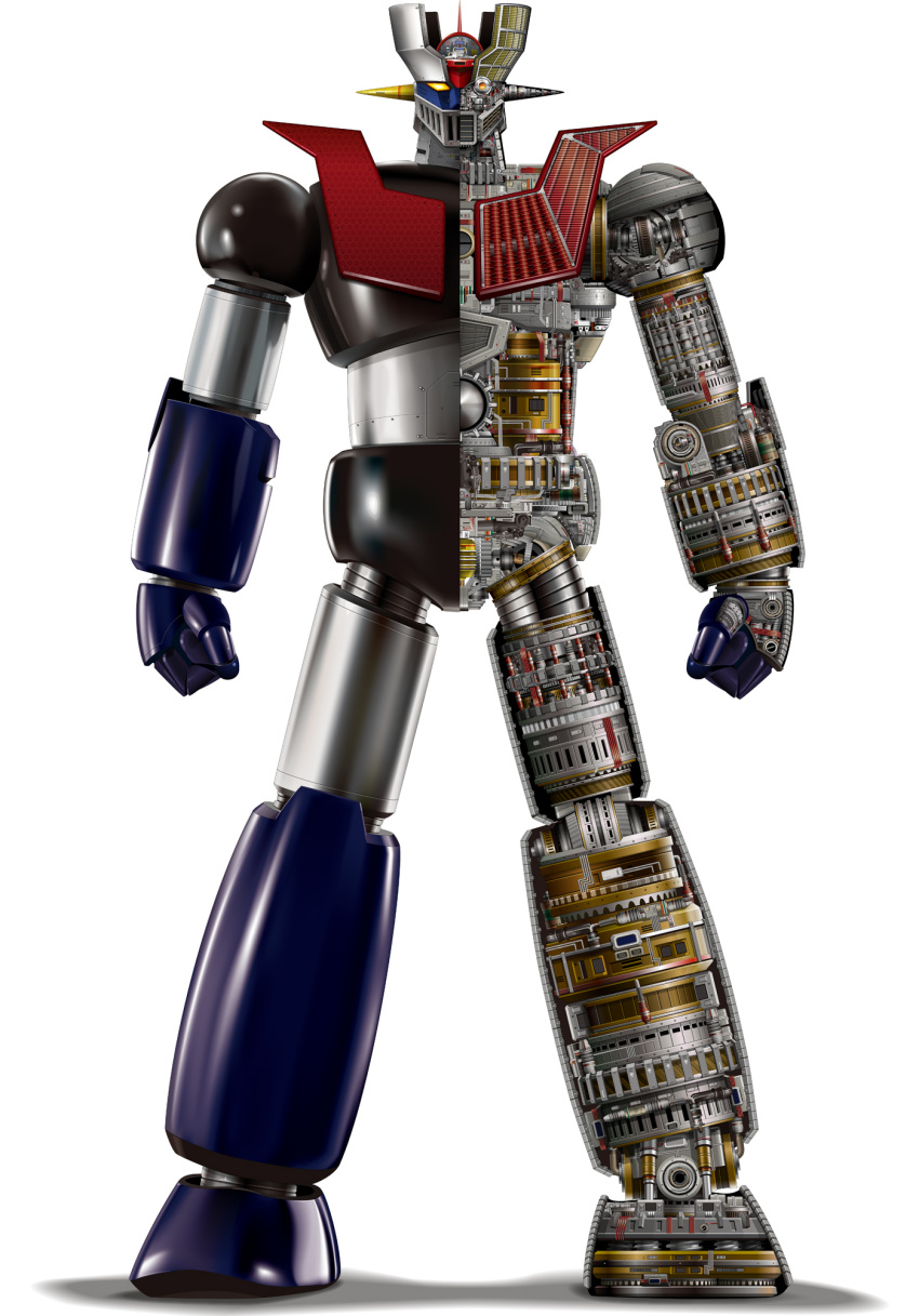 1970s_(style) aircraft clenched_hands cockpit commentary_request cross_section dias_(tajima_kouki) highres mazinger_(series) mazinger_z mazinger_z_(mecha) mecha no_humans photoshop_(medium) pilder realistic retro_artstyle robot science_fiction shadow simple_background solo white_background