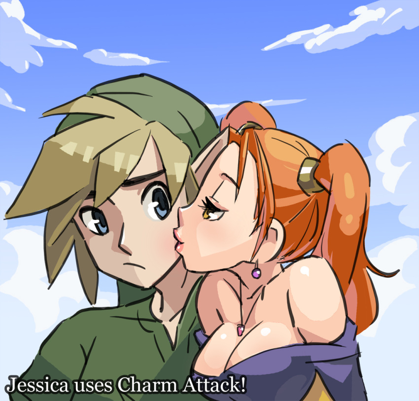 bare_shoulders blonde_hair blue_eyes breasts brown_eyes cheek_kiss cleavage crossover day dragon_quest dragon_quest_viii dress earrings english female flirting hat jessica_albert jewelry junkpuyo kissing large_breasts link long_hair necklace orange_hair pointy_ears strapless strapless_dress the_legend_of_zelda twintails