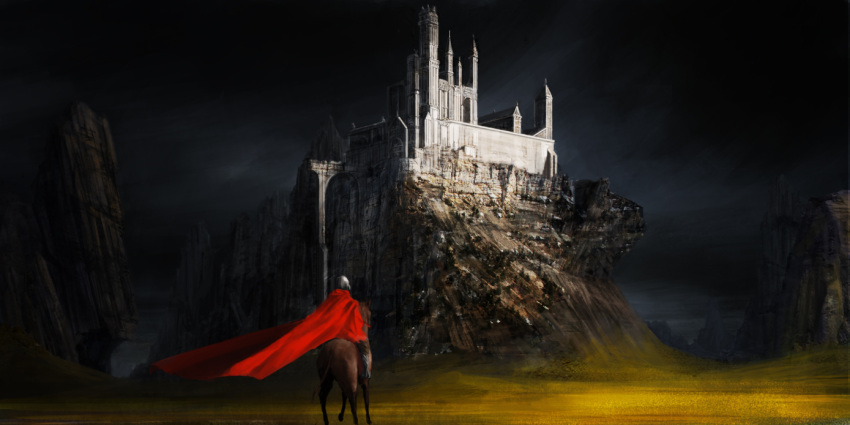 armor bad_id bad_pixiv_id castle chiaroscuro high_contrast horse horseback_riding knight landscape mountain night night_sky original photoshop_(medium) riding scenery sky solo wad