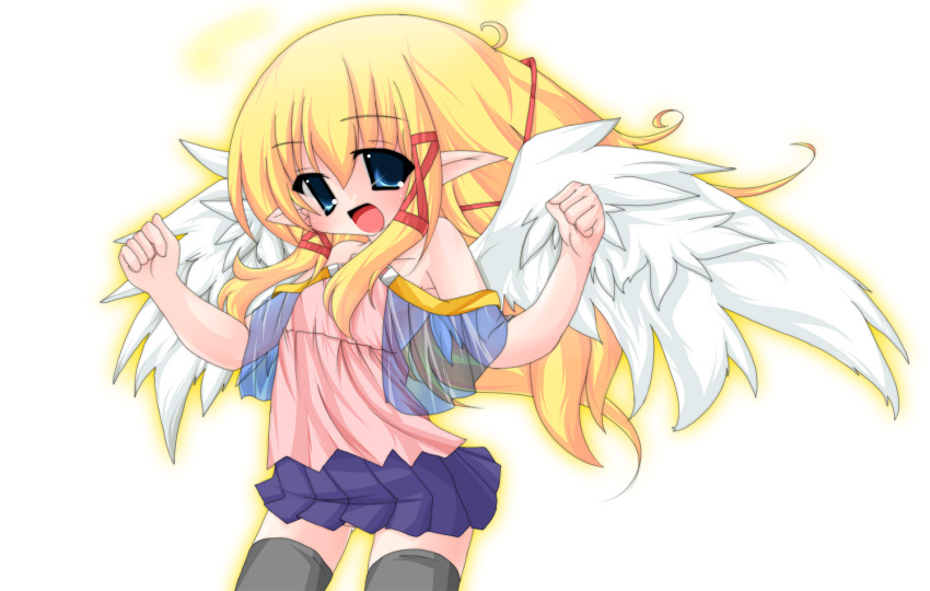 blonde_hair blue_eyes blush braids jpeg_artifacts kanitaro long_hair original skirt thighhighs wings zettai_ryouiki