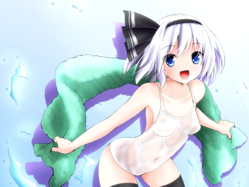 black_hairband black_thighhighs blue_eyes colorized commentary_request evandragon female hair_ribbon hairband kani_biimu konpaku_youmu one-piece_swimsuit open_mouth ribbon short_hair smile solo swimsuit thighhighs touhou towel wet wet_clothes wet_swimsuit white_hair white_one-piece_swimsuit