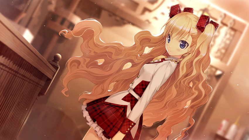 blazer blonde_hair dutch_angle female furumiya_elis game_cg hair_ribbon highres jacket long_hair looking_back nanatsu_no_fushigi_no_owaru_toki plaid plaid_skirt ribbon school_uniform skirt solo two_side_up ueda_ryou very_long_hair wavy_hair