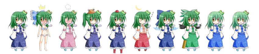 >_< ^^^ ^_^ alternate_color arm_cannon bikini blue_skirt blush breasts cirno cirno_(cosplay) cleavage closed_eyes commentary_request cosplay crescent detached_sleeves female frog_hair_ornament full-face_blush full_body geta green_hair green_skirt hair_bobbles hair_ornament hat highres kochiya_sanae long_hair medium_breasts moriya_suwako moriya_suwako_(cosplay) osashin_(osada) pink_skirt ponytail red_skirt reiuji_utsuho reiuji_utsuho_(cosplay) shameimaru_aya shameimaru_aya_(cosplay) skirt sleeping smile snake swimsuit third_eye tokin_hat tongue tongue_out touhou transparent_background weapon wide_image wings