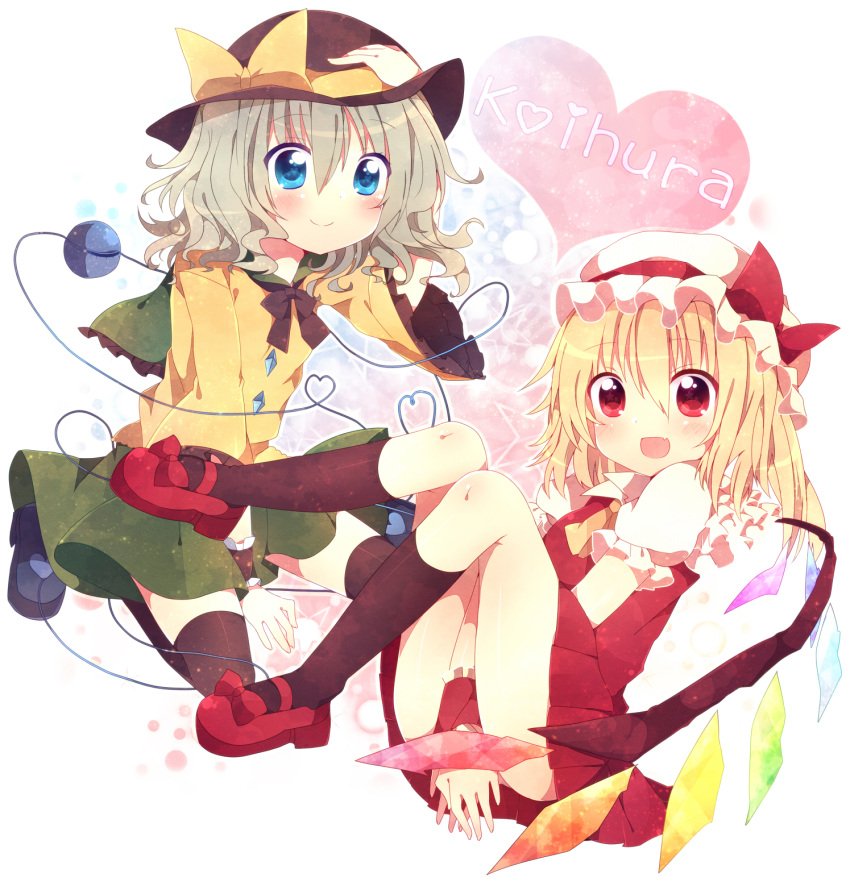 2girls abandon_ranka bad_id bad_pixiv_id black_socks black_thighhighs blonde_hair blue_eyes blush flandre_scarlet green_hair hand_on_headwear hat hat_ribbon heart highres komeiji_koishi multiple_girls red_eyes ribbon side_ponytail skirt smile socks thighhighs third_eye touhou wings