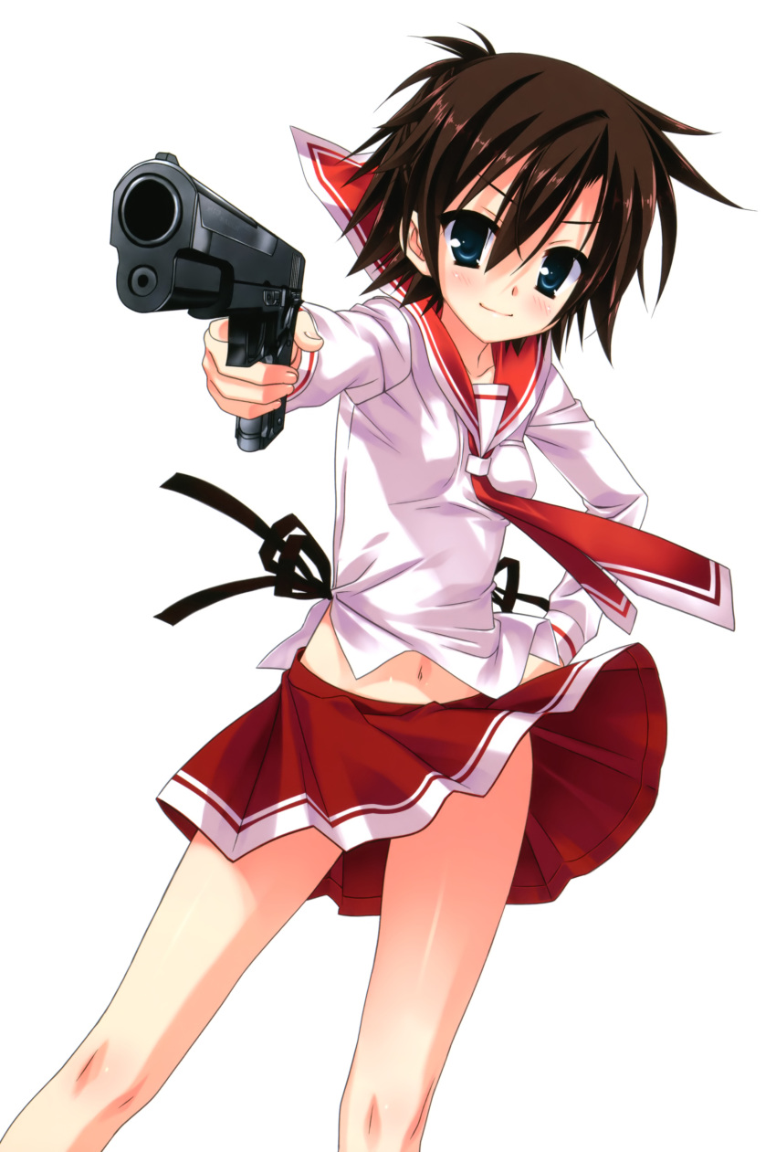 absurdres aqua_eyes artist_request brown_hair elle_watson female gun handgun hidan_no_aria highres legs light_smile long_sleeves navel necktie sailor_collar_lift school_uniform serafuku short_hair sig_p220/p226 sig_sauer simple_background skirt solo trigger_discipline weapon white_background