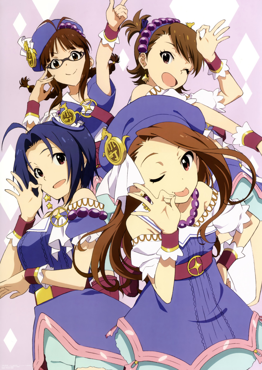 4girls ;d ;p absurdres akizuki_ritsuko futami_ami glasses highres idolmaster idolmaster_(classic) minase_iori miura_azusa multiple_girls murasaki_yoshino official_art one_eye_closed open_mouth palace_of_dragon_(idolmaster) ryuuguu_komachi_(idolmaster) scan smile tongue tongue_out