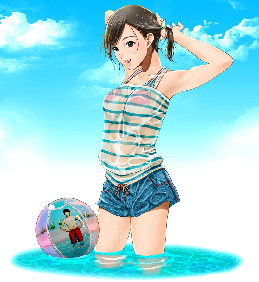 1boy adjusting_hair ball beachball bikini bikini_under_clothes black_eyes black_hair casual cloud commentary_request day female hayakawa_pao highres navel original reflection see-through short_hair sky standing swimsuit wading wet wet_clothes