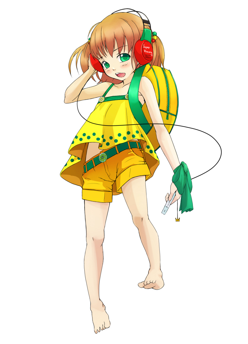 absurdres backpack bad_id bad_pixiv_id bag barefoot blush c.c._lemon c.c._lemon_(character) female full_body green_eyes headphones highres open_mouth shorts simple_background solo weien white_background yellow_shorts