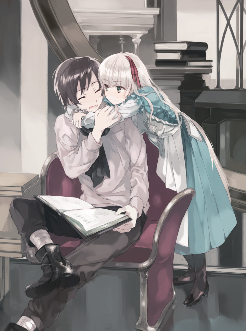 1boy :d ^_^ arms_around_neck black_hair blonde_hair blush book boots chair closed_eyes commentary_request couple dress female gosick green_eyes hair_ornament hair_ribbon highres holding holding_book hug hug_from_behind kujou_kazuya long_hair nicolat open_book open_mouth pantyhose partial_commentary ribbon short_hair sitting smile standing straight victorica_de_blois white_hair