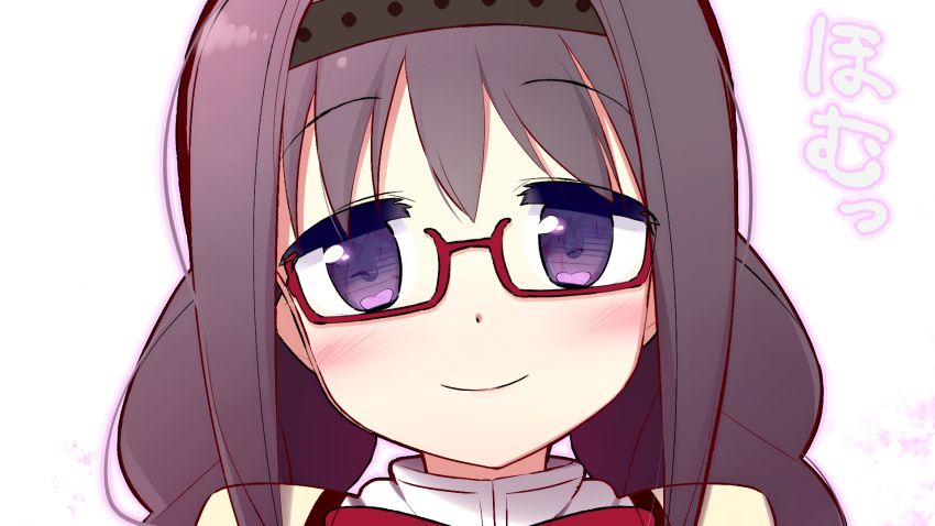 akemi_homura bad_id bad_pixiv_id blush braid female glasses highres homu kaname_madoka long_hair mahou_shoujo_madoka_magica mahou_shoujo_madoka_magica_(anime) muhogame red-framed_eyewear reflection smile solo twin_braids