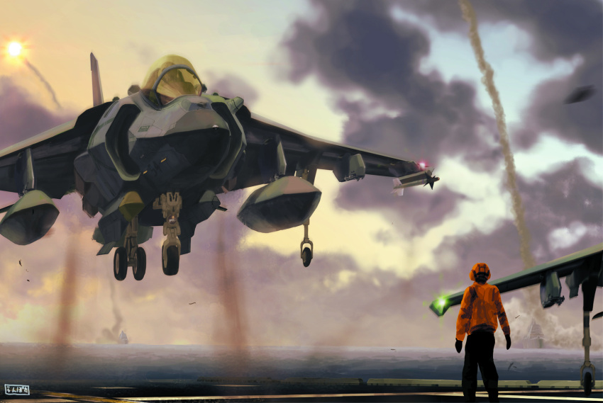 1boy aim-9_sidewinder aircraft aircraft_carrier airplane bomb cloud cloudy_sky commentary_request explosive fighter_jet flare hawker_harrier helmet highres jet landing_gear military military_vehicle original pants pilot ranpota realistic science_fiction ship signature sky smoke taking_off vehicle_focus vtol warship watercraft