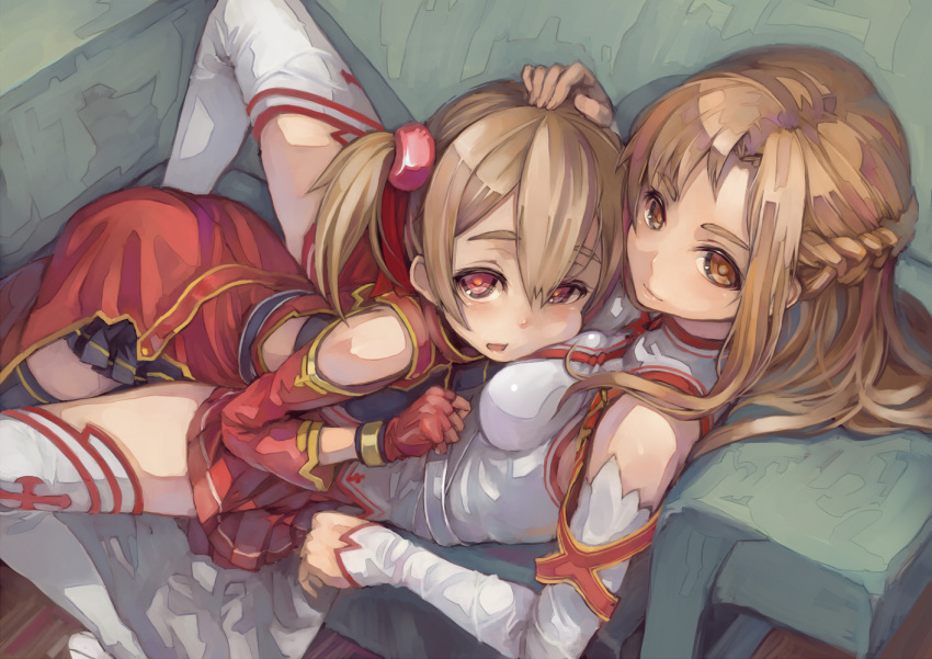 2girls asuna_(sao) bare_shoulders black_thighhighs blush braid breast_pillow breasts brown_eyes brown_hair commentary_request couch detached_sleeves dress fingerless_gloves gloves hair_between_eyes hand_on_another's_head knights_of_blood_uniform_(sao) long_hair looking_at_viewer lying lying_on_person medium_breasts multiple_girls on_back on_couch open_mouth red_eyes short_hair short_twintails silica skirt smile spread_legs suzuno_(bookshelf) sword_art_online thighhighs twintails white_dress white_thighhighs