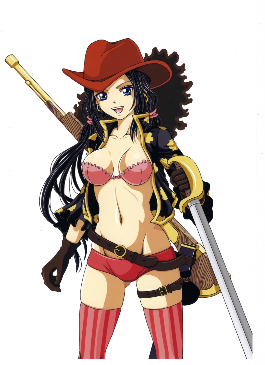 absurdres basuchian bra breasts cleavage earrings female gloves gun hat highres jewelry long_hair nico_robin one_piece one_piece_film_z open_mouth patterned_legwear pirate rifle sword thighhighs underwear weapon